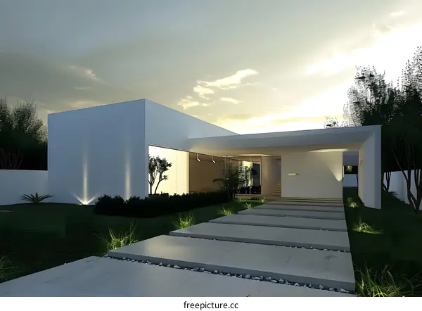 Modern Minimalist White House Exterior With Stone Walkway