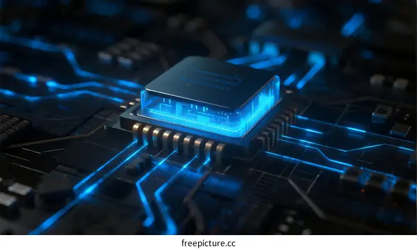 Close-up view of a glowing CPU on a modern circuit board