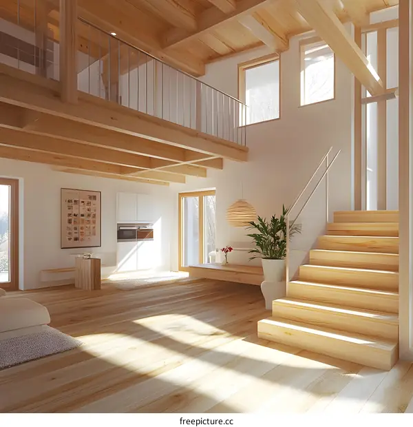 Modern Open Plan Home Interior Design With Wooden Beams And Staircase