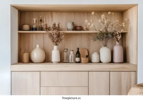 Wooden Shelving Unit with Decorated Vases