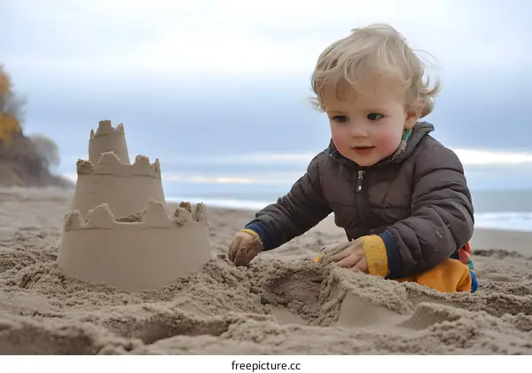 Young Boy Building A Sandcastle On The Beach