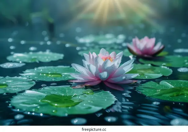 Pink and white water lilies in a pond with green lily pads
