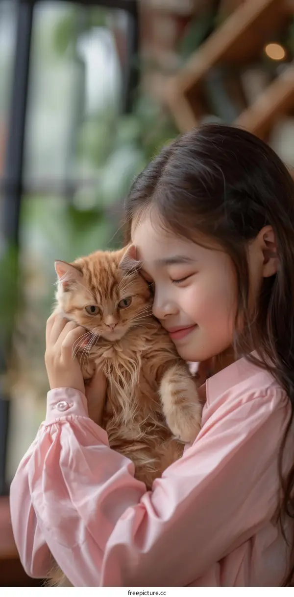 A girl is hugging an orange cat