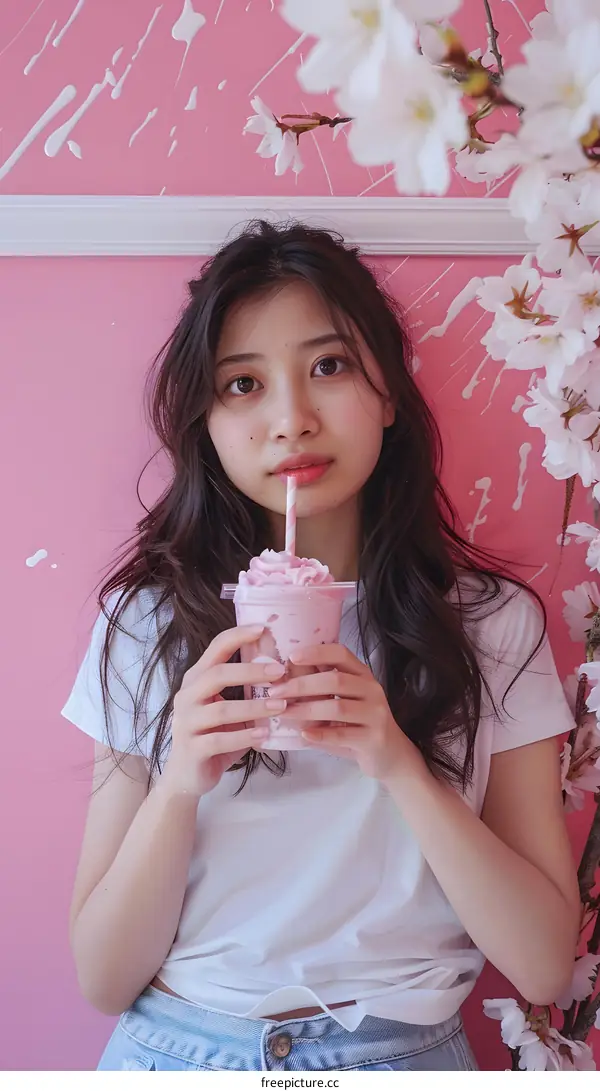 Young Woman Drinking Pink Smoothie with Cherry Blossoms in the Background