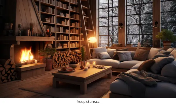 Cozy Cabin Living Room with Fireplace and Large Windows
