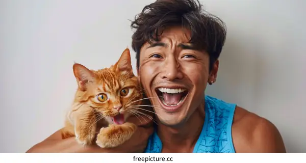 A man and his cat are both laughing with their mouths wide open