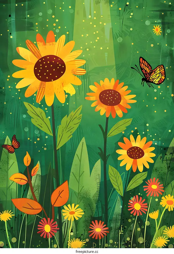 Colorful Summer Garden With Sunflowers And Butterflies