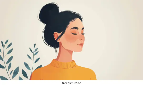 Minimalist Illustration of a Woman with Freckles and a Bun Hairstyle