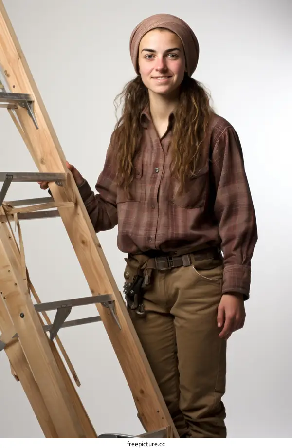 Portrait of a young woman carpenter standing next to a ladder