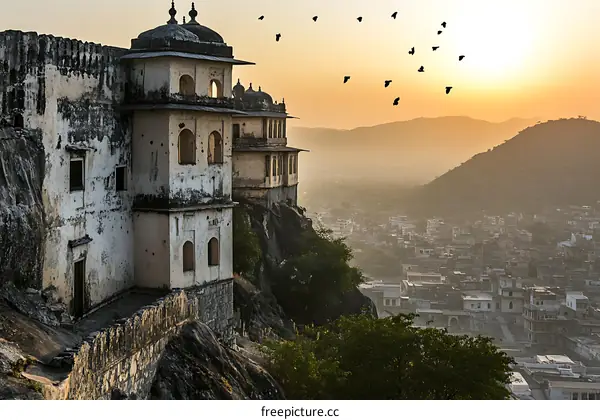 Ancient Fort on a Clifftop Overlooking a City at Sunset