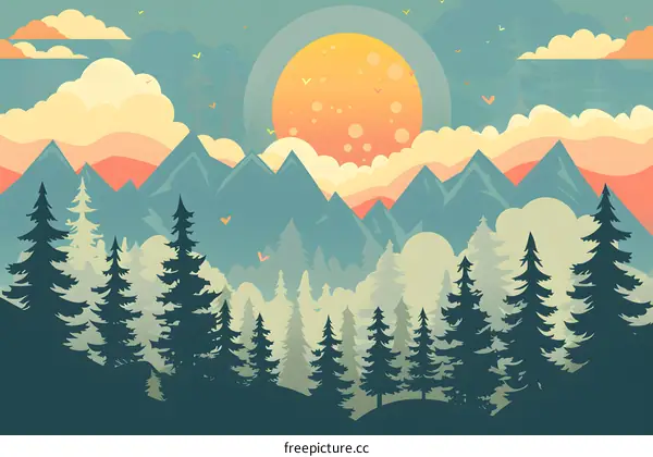 Mountain Landscape Illustration with Sun and Clouds