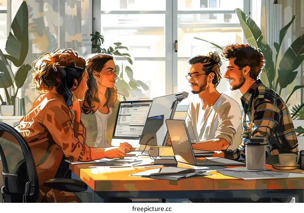 Four people in a meeting discussing ideas