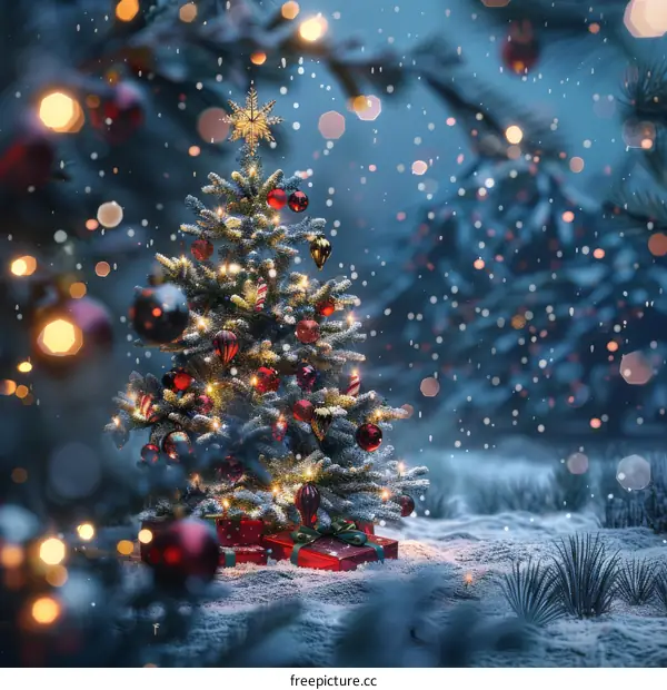 Christmas Tree with Presents Underneath in the Snow