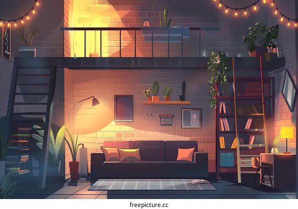 Cozy Loft Apartment Interior Design with Brick Wall and Bookshelf