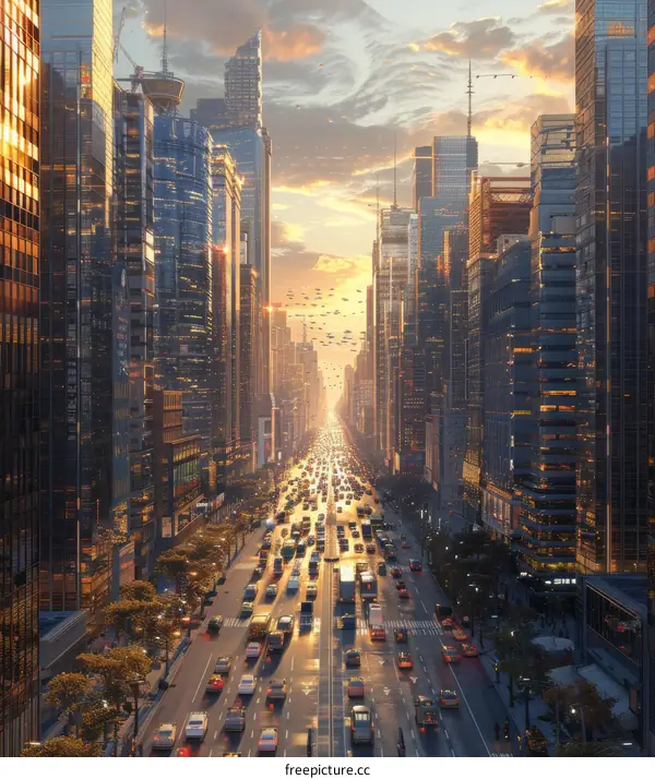 Futuristic City Skyline at Sunrise with Traffic