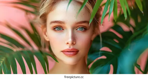 Portrait of a beautiful blonde woman with freckles on her face