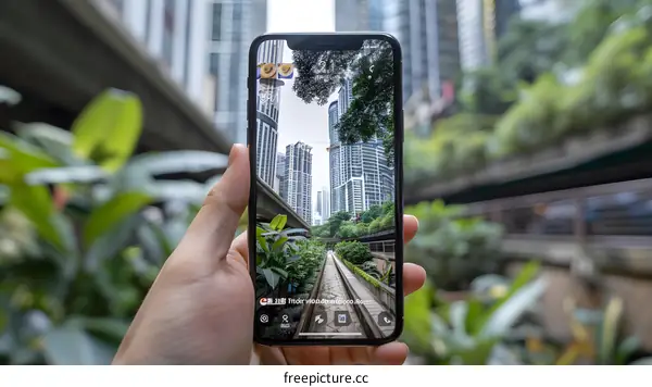 Hand Holding Smartphone Capturing Cityscape View