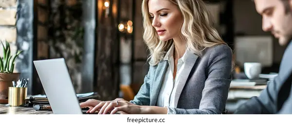 Businesswoman Working on Laptop in Cafe