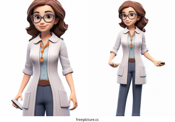A Cartoon Caucasian Female Doctor in a Lab Coat Holding a Phone