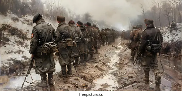 A group of soldiers walking through a snowy forest