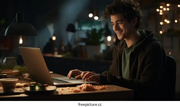 Smiling Caucasian Male Student Using Laptop in Apartment