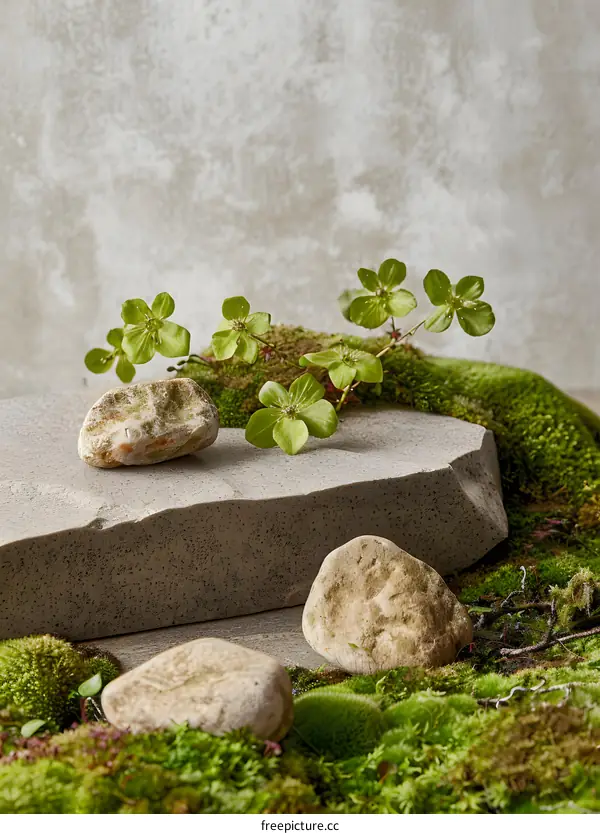 Green Leaves and Stones on a Mossy Background