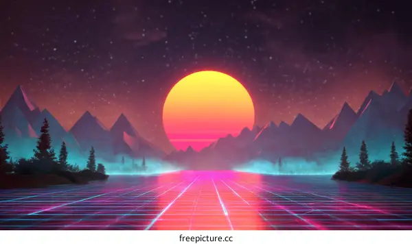 Retro Futuristic Landscape Sunset