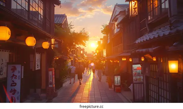 People walking down a narrow street in a traditional Japanese town during the day