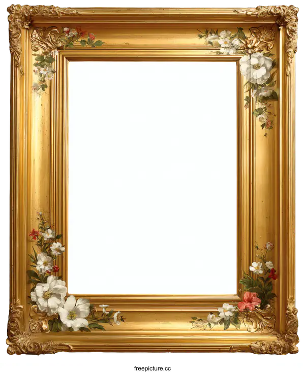 [Transparent Background PNG]Ornate Gold Picture Frame with Floral Decoration