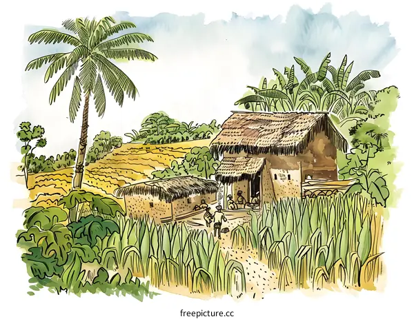 Watercolor Illustration of a Rural Village in Asia with Palm Trees and People