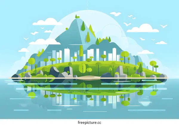 Flat Design Illustration of Mountain City Island with Reflection