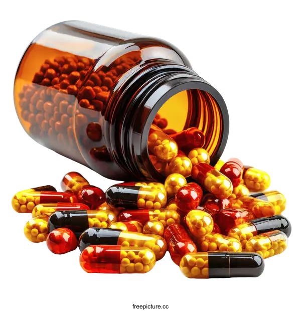 [Transparent Background PNG]Assorted Medicine Pills and Capsules in a Bottle