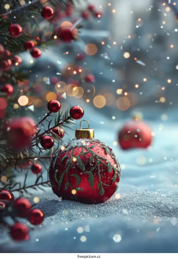 Red Christmas Ornament with Snowflake and Fir