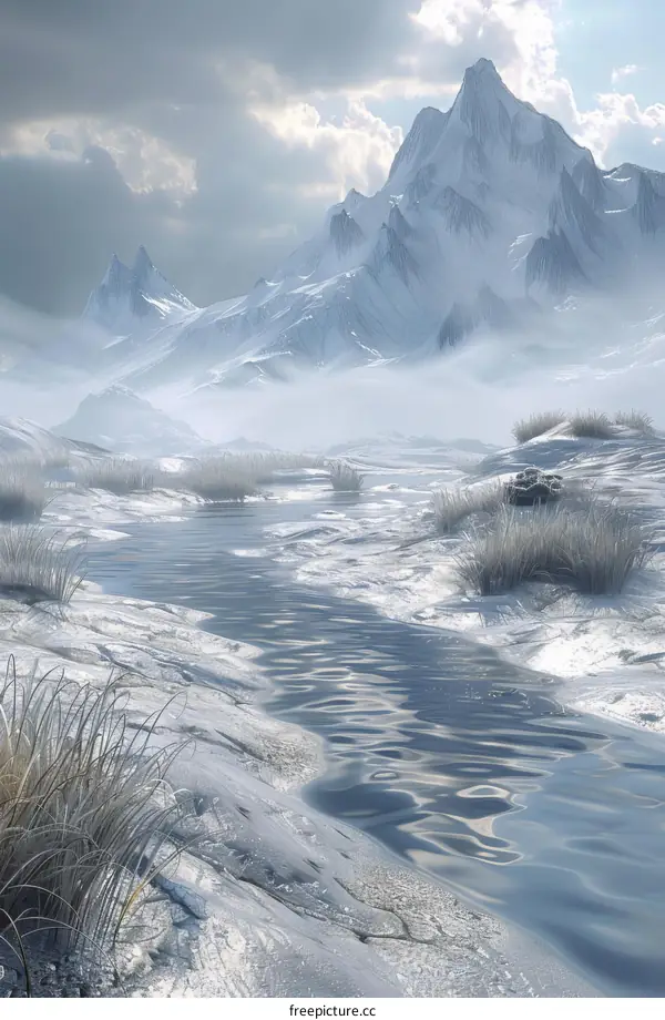 Frozen River and Snow-Covered Mountain Landscape