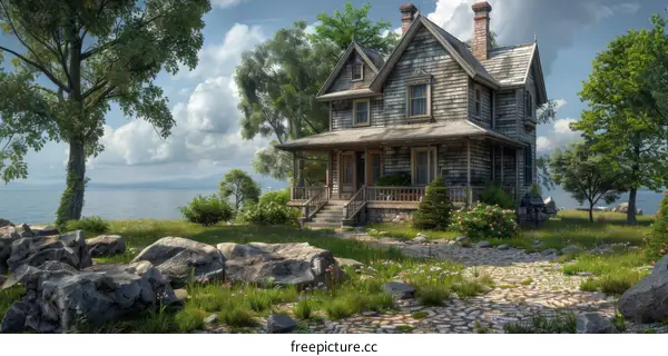 Scenic Seaside Victorian House Illustration