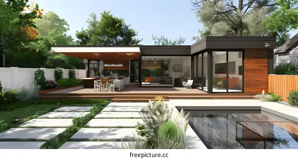 A modern house with a pool and a garden