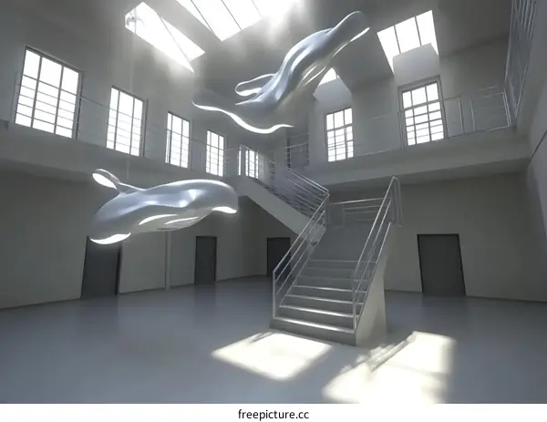 Modern Building Interior with Abstract Sculptures