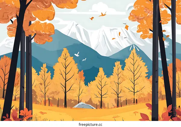 Autumn Landscape Illustration with Mountain View