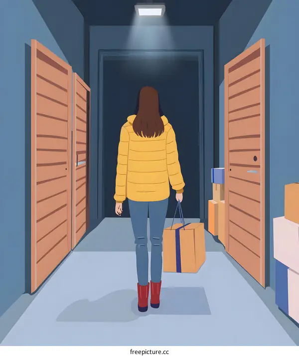 Woman walking in a hallway with boxes