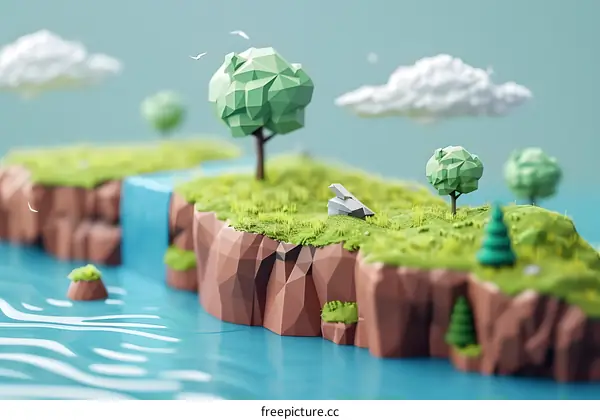 Low Poly 3D Rendered Landscape with Waterfall and Trees