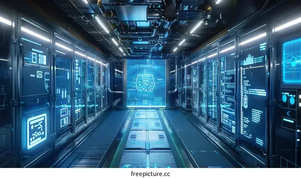 Futuristic spaceship interior with blue lights and control panels