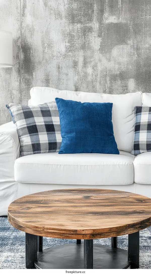 White Sofa with Wooden Coffee Table in a Modern Living Room