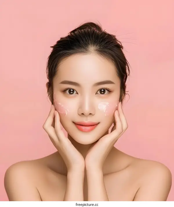 Beautiful Asian Woman Applying Facial Mask on Pink Background