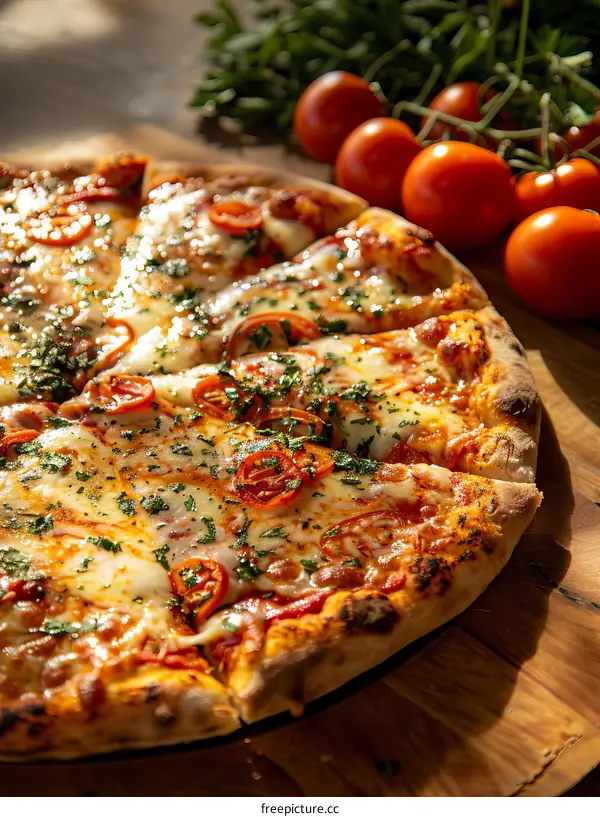 Close-up of a delicious pizza with fresh tomatoes and basil