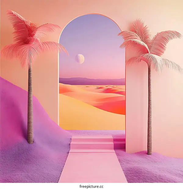 Pink Palm Trees Minimalist Surreal Desert Landscape