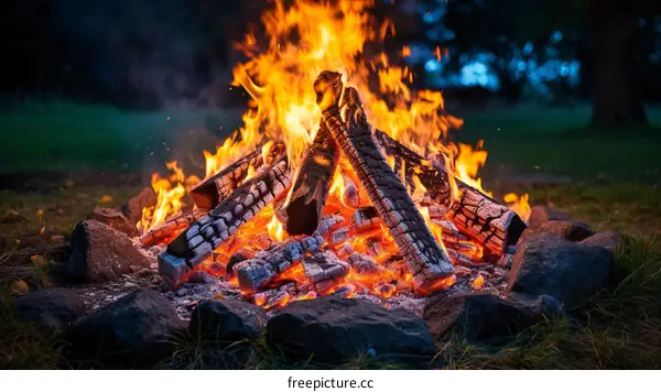 A bright bonfire burns in a circle of stones at dusk.