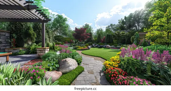 Garden Landscape with Vibrant Flowers and Stone Pathway