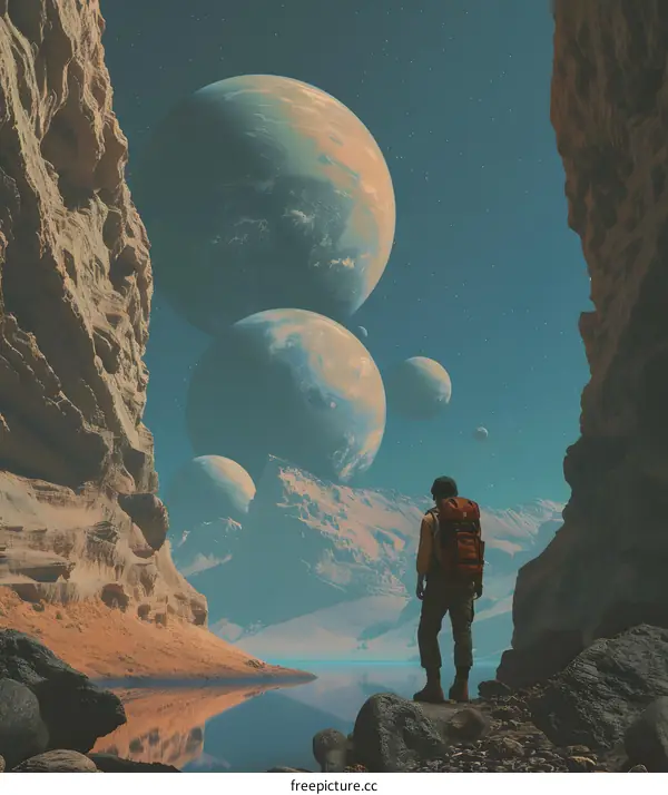A Lone Traveler Gazing at Multiple Planets in a Canyon