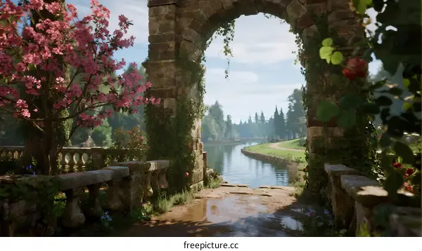 Scenic Stone Archway with Cherry Blossoms Overlooking a Serene River