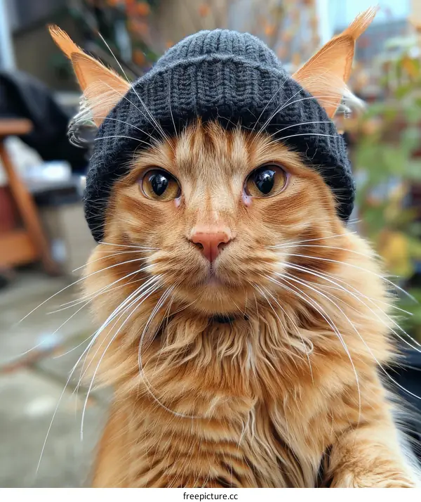 ginger cat wearing a black beanie